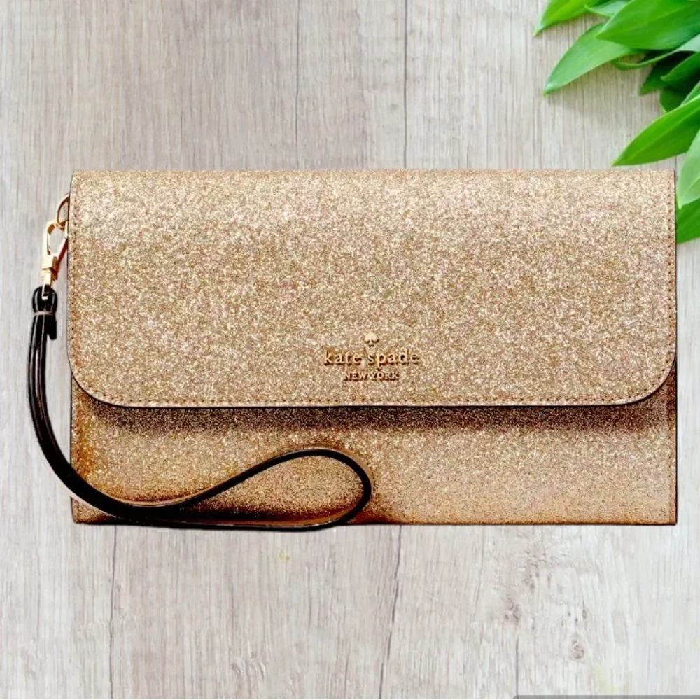 KATE SPADE GLIMMER WALLET BOXED FLAP WRISTLET GOLD
